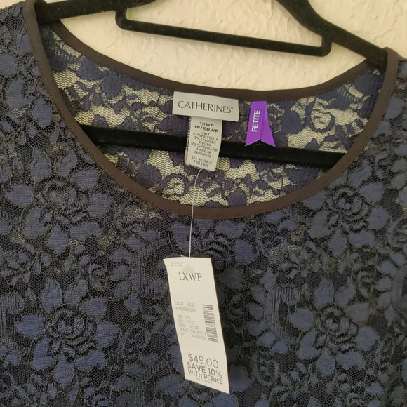 Catherines Floral Lace Sheer Blouse Short Sleeve Navy Boat Neck Sz 18-20W Petite - Picture 4 of 7